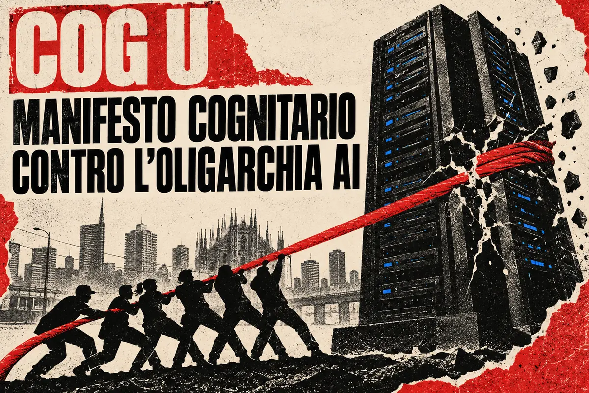 Manifesto grafico in nero, rosso e panna. Sei figure in controluce tirano una grossa corda rossa legata a una torre di server che si sta crepando; dietro, lo skyline di Milano con il Duomo. In alto il titolo «COG U — Manifesto cognitario contro l’oligarchia AI».