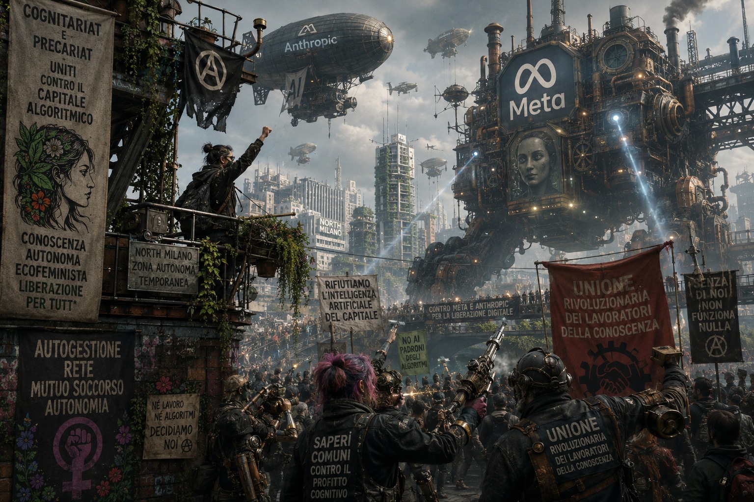 Illustrazione sci-fi di una manifestazione del cognitariato contro le sedi fortificate di Big Tech